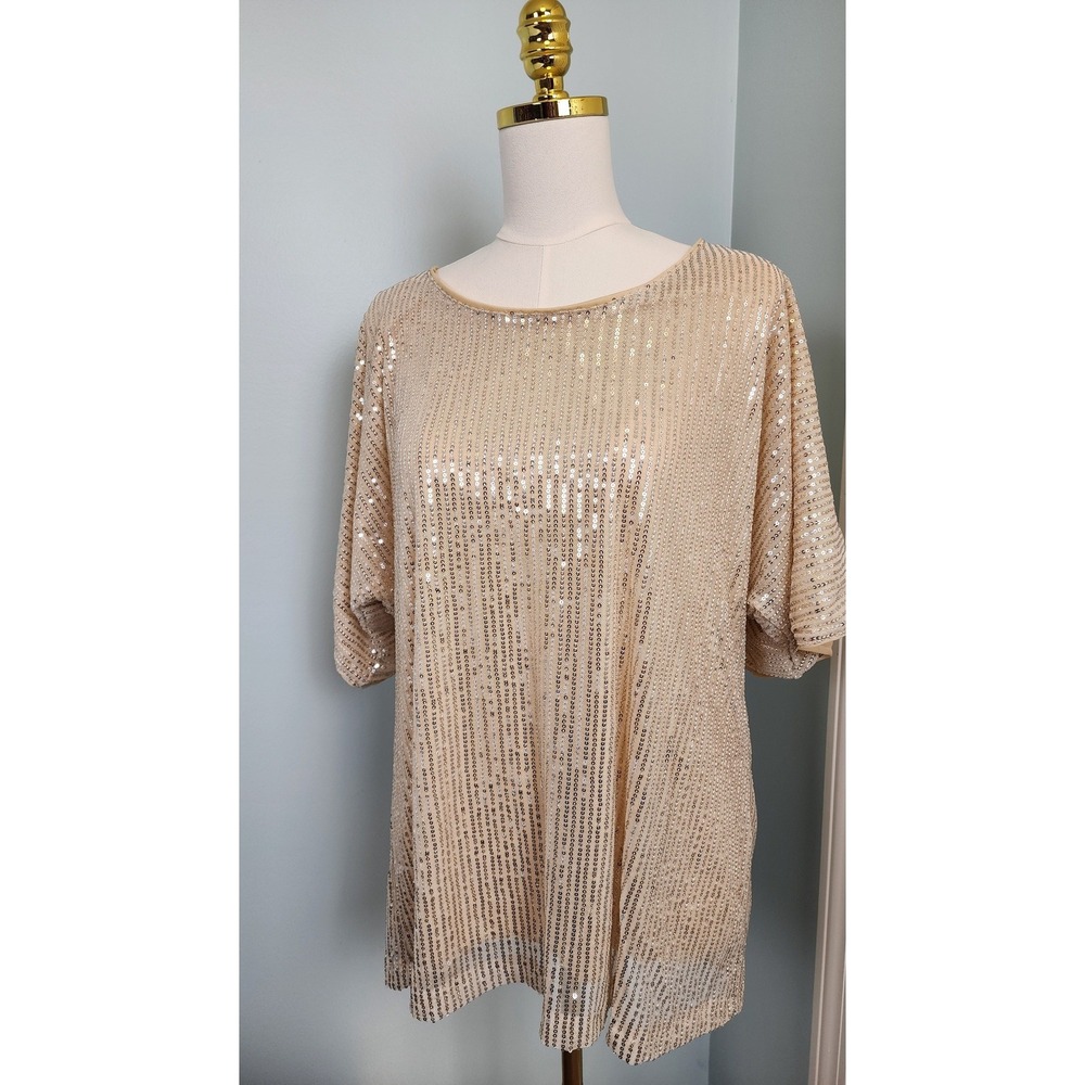 Womens Gold Sequin Short Sleeve Blouse Sparkle Party Evening Shirt‎ XL